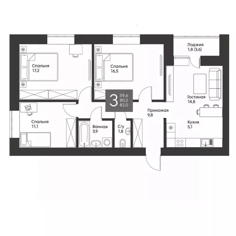 3-к кв. Татарстан, Альметьевск ул. Гафиатуллина, 60 (82.0 м) - Фото 0