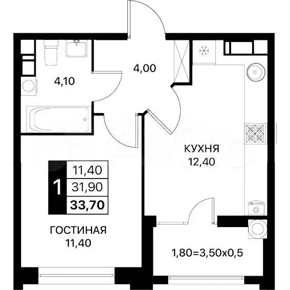 1-к. квартира, 33,7м, 4/9эт. - Фото 1