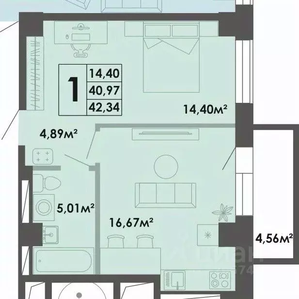 1-к кв. саха (якутия), якутск 53-й кв-л, (42.67 м) - Фото 0