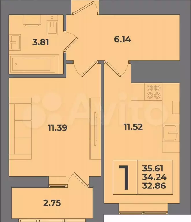 1-к. квартира, 35,6 м, 1/8 эт. - Фото 1