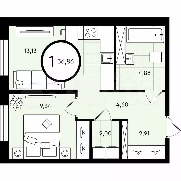 1-к. квартира, 36,9 м, 4/4 эт. - Фото 0