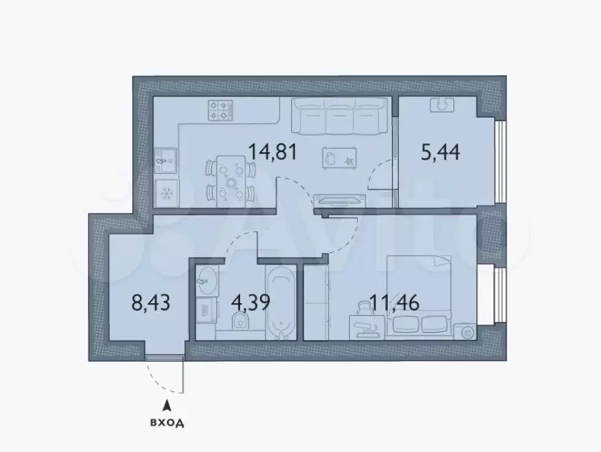 1-к. квартира, 44,5 м, 3/6 эт. - Фото 1