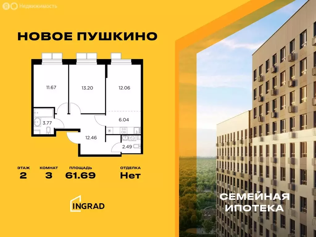 3-комнатная квартира: Пушкино, микрорайон Новое Пушкино, к20 (61.69 м) - Фото 0