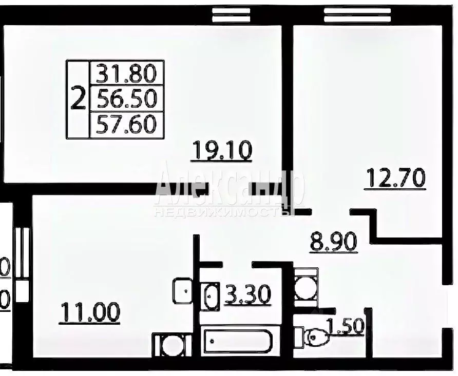 2-к кв. Санкт-Петербург ул. Корнея Чуковского, 3к3 (56.0 м) - Фото 1