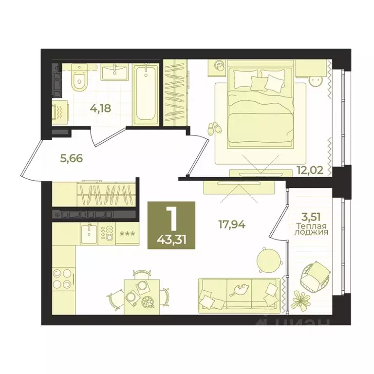 1-к кв. Свердловская область, Екатеринбург пер. Ударников, 33 (43.31 ... - Фото 1