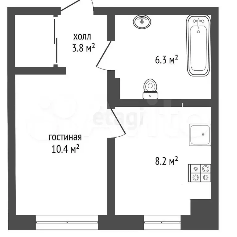 1-к. квартира, 28,8 м, 1/8 эт. - Фото 0