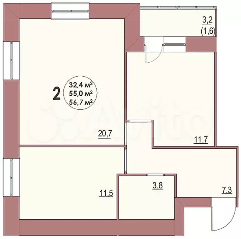 2-к. квартира, 56,7 м, 5/8 эт. - Фото 1