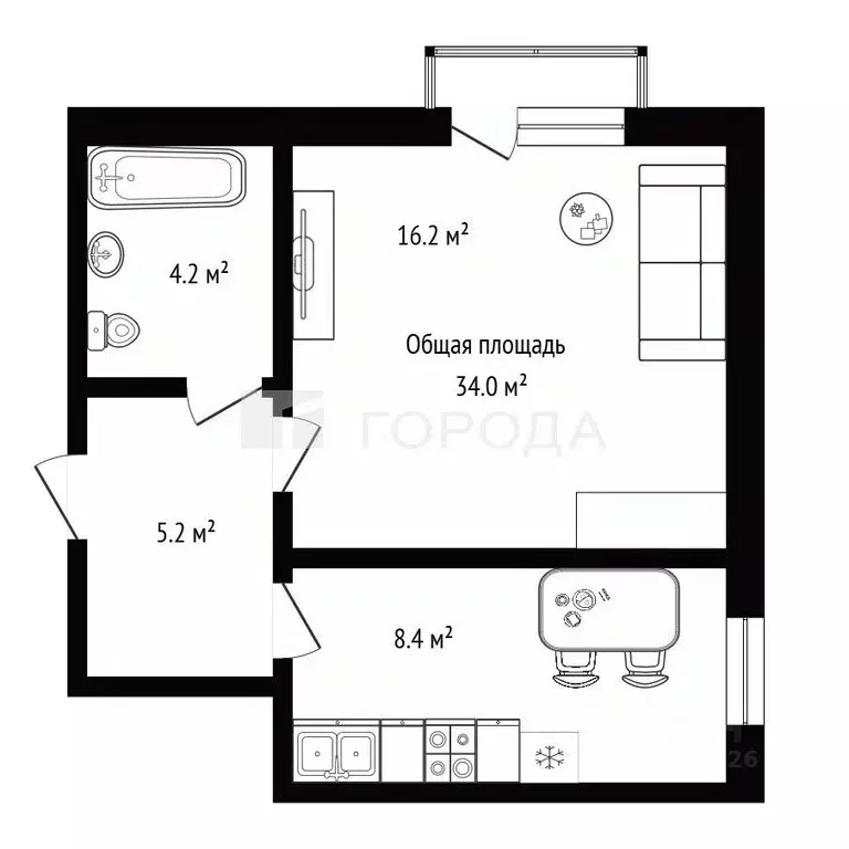 1-к кв. Новосибирская область, Новосибирск Большая ул., 630 (34.0 м) - Фото 1