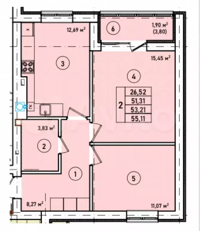 2-к. квартира, 55,1 м, 3/7 эт. - Фото 1