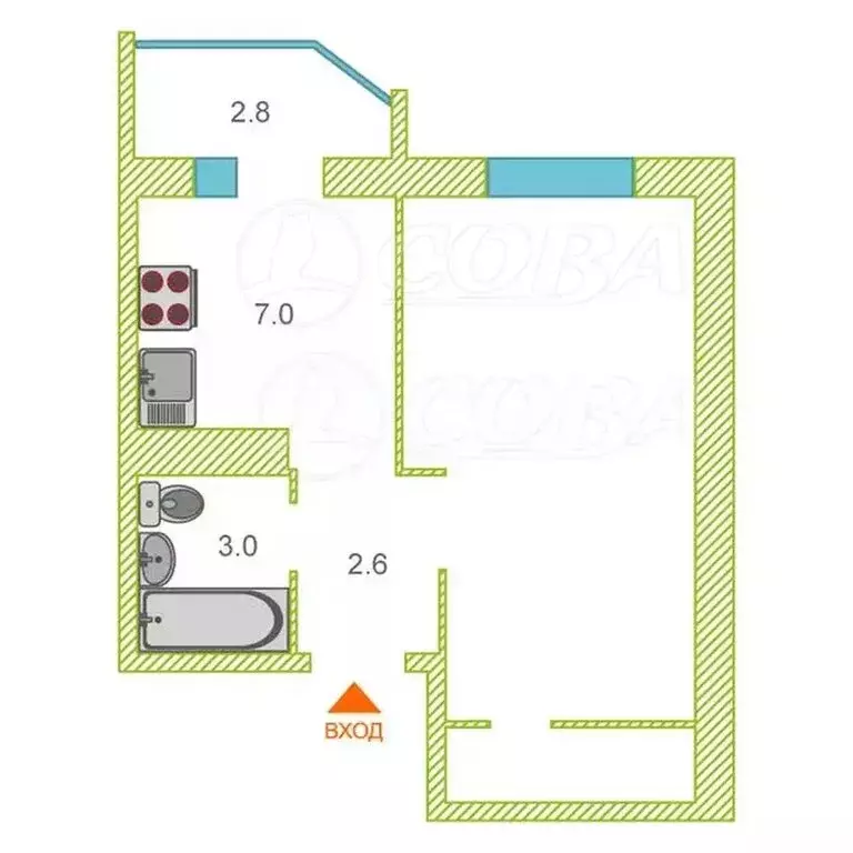 1-комнатная квартира: Тюмень, улица Алексея Леонова, 34 (29.9 м) - Фото 1