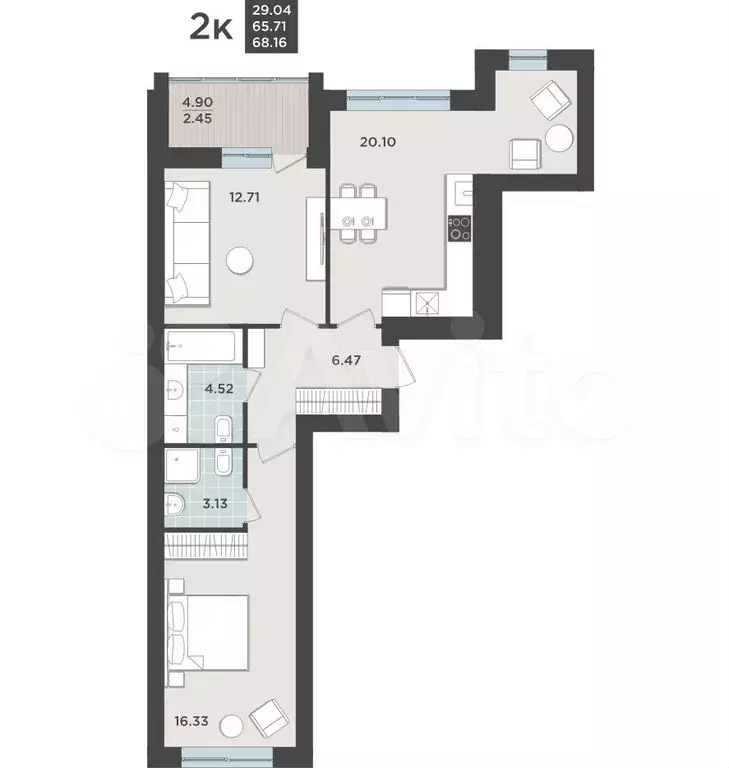 2-к. квартира, 65,9 м, 2/9 эт. - Фото 1