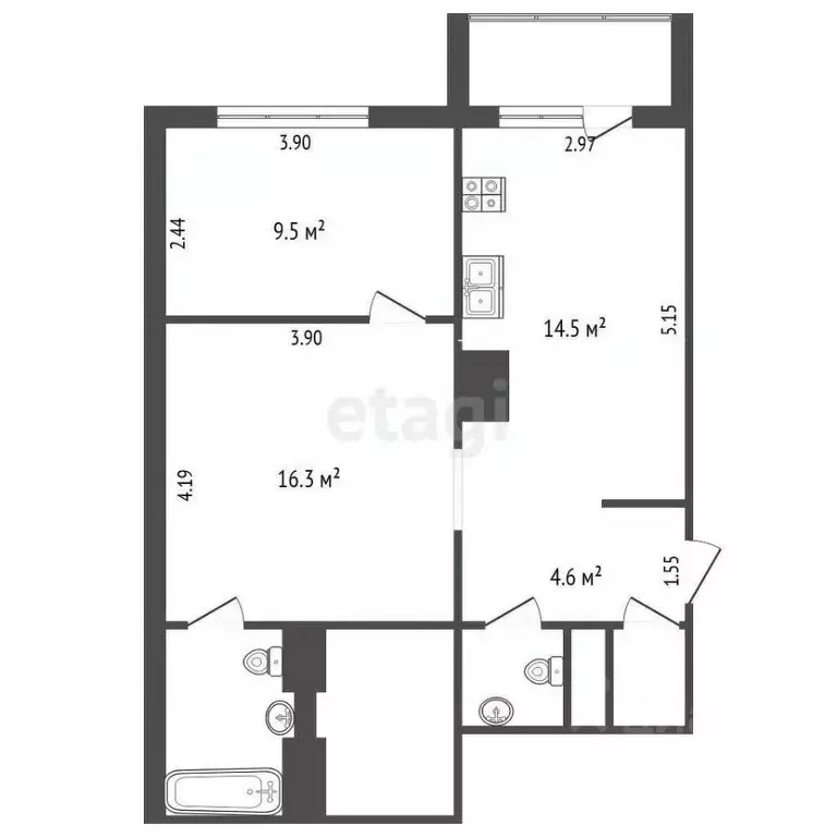 2-к кв. Ямало-Ненецкий АО, Новый Уренгой Оптимистов мкр, 2/2 (51.6 м) - Фото 2