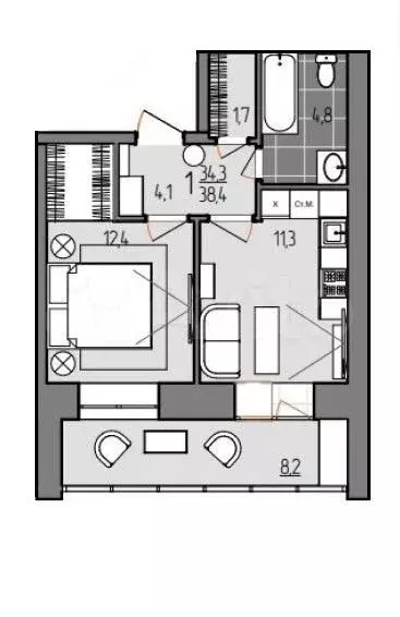 1-к. квартира, 38,4 м, 3/9 эт. - Фото 0