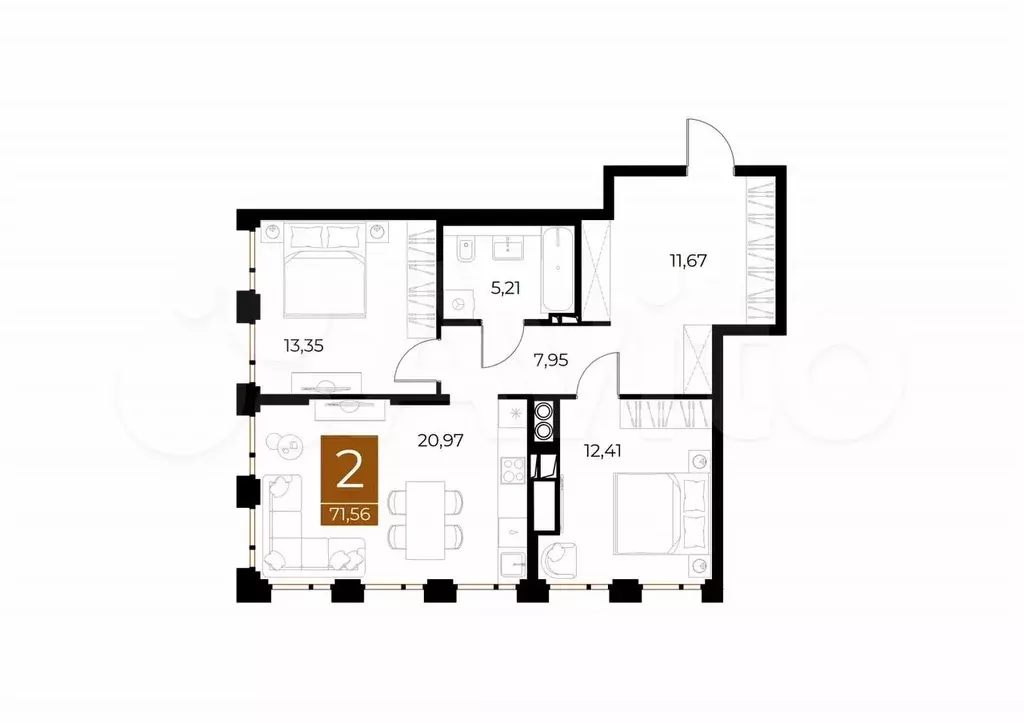 2-к. квартира, 71,6 м, 6/8 эт. - Фото 0