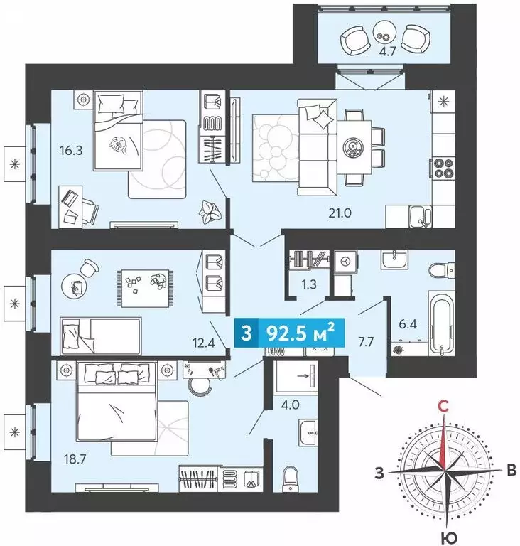 3-комнатная квартира: Засечное, микрорайон Город Спутник, жилой ... - Фото 1