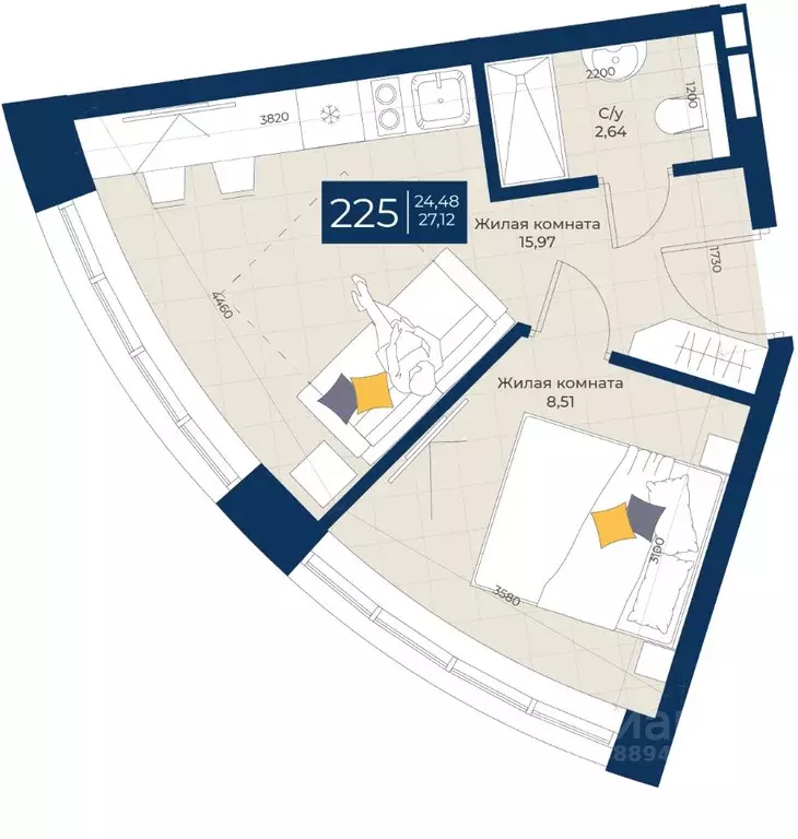 1-к кв. Татарстан, Казань ул. Бурхана Шахиди, 18/18 (26.52 м) - Фото 1
