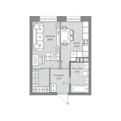 1-комнатная квартира: Казань, улица Ярышлар, 8 (37.75 м) - Фото 1