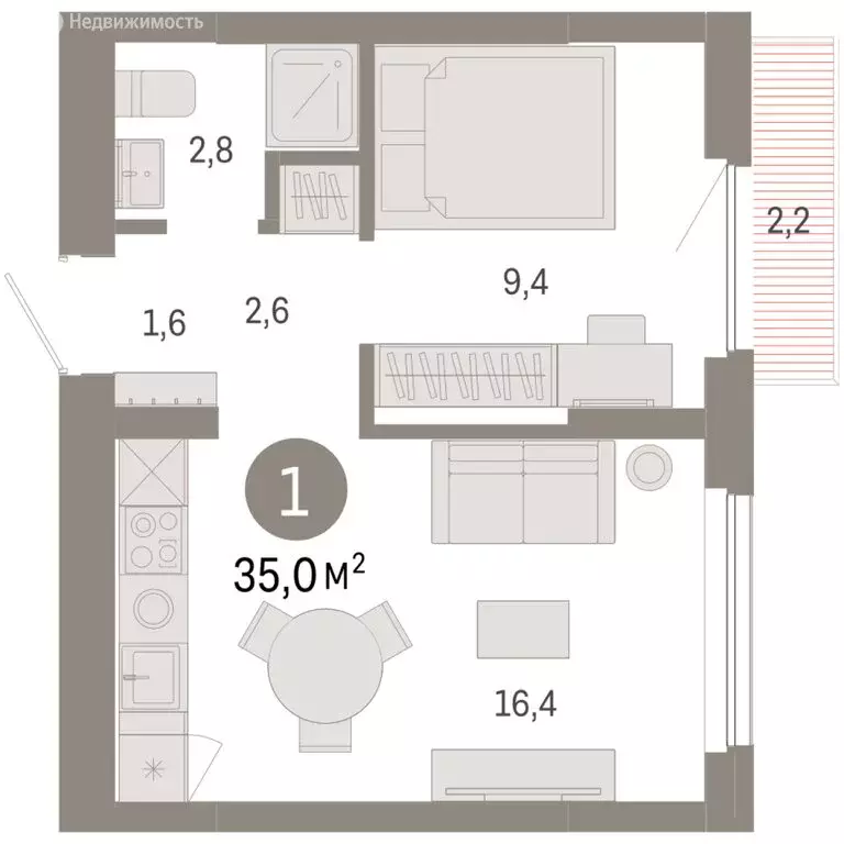 1-комнатная квартира: Новосибирский район, рабочий посёлок Краснообск, ... - Фото 2