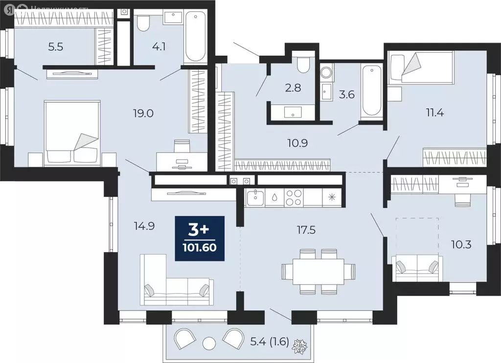 3-комнатная квартира: Тюмень, проезд Капитана Куликова, 5 (105.4 м) - Фото 1
