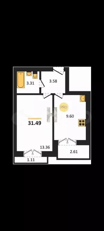 1-к. квартира, 33,6 м, 9/9 эт. - Фото 1
