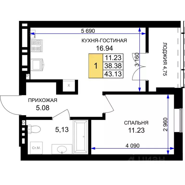 1-к кв. Калининградская область, Гурьевск Включи жилой комплекс (43.13 ... - Фото 0