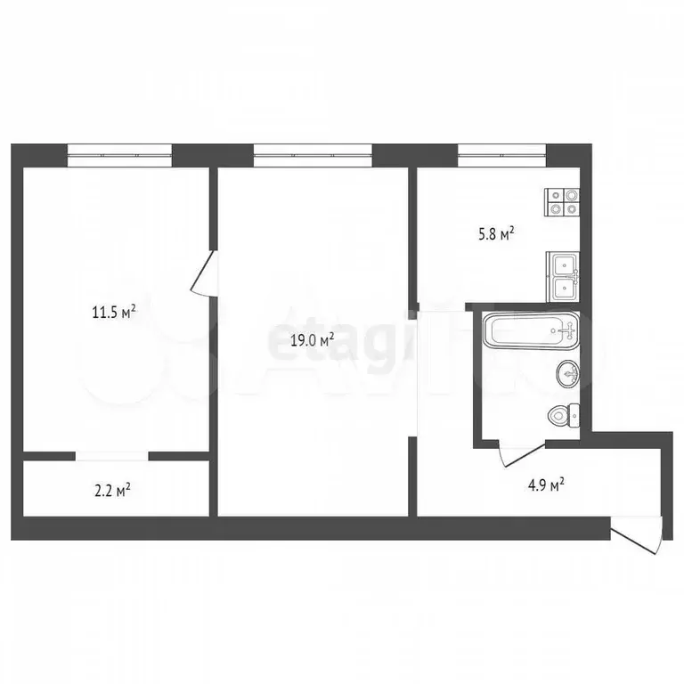 2-к. квартира, 43,9 м, 3/5 эт. - Фото 0