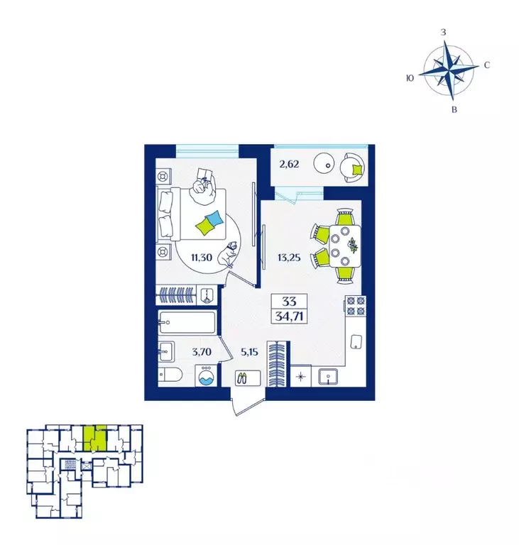 1-к кв. Калининградская область, Зеленоградск  (34.71 м) - Фото 1