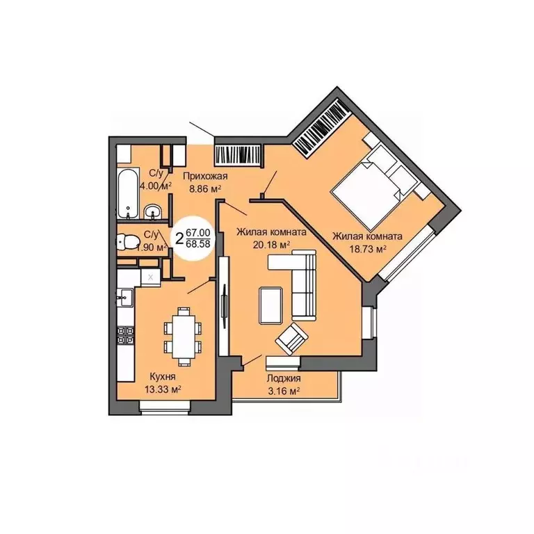 2-к кв. Орловская область, Орел Межквартальная ул., 3 (68.3 м) - Фото 0