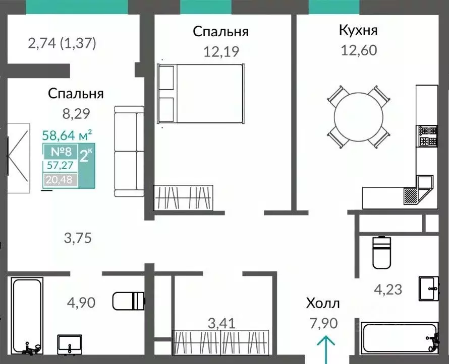 2-к кв. Крым, Симферополь просп. Александра Суворова (58.64 м) - Фото 0