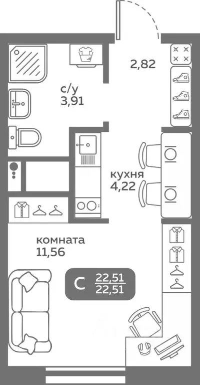 Студия Тюменская область, Тюмень ул. Вадима Бованенко, 10 (22.51 м) - Фото 0