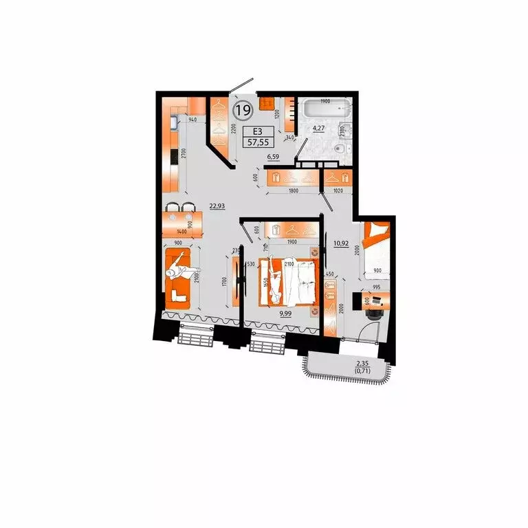 3-комнатная квартира: Владивосток, улица Капитана Шефнера, 25 (57.55 ... - Фото 2