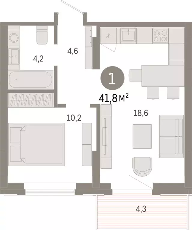 1-комнатная квартира: Омск, Кировский округ (41.79 м) - Фото 1