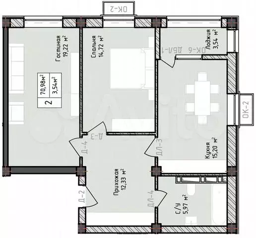 2-к. квартира, 71 м, 4/8 эт. - Фото 0