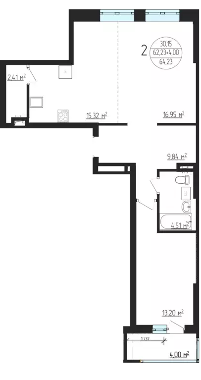 2-к квартира, 64.4 м - Фото 0