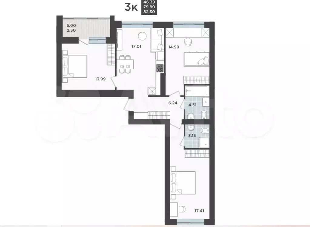 3-к. квартира, 79,9 м, 1/9 эт. - Фото 1