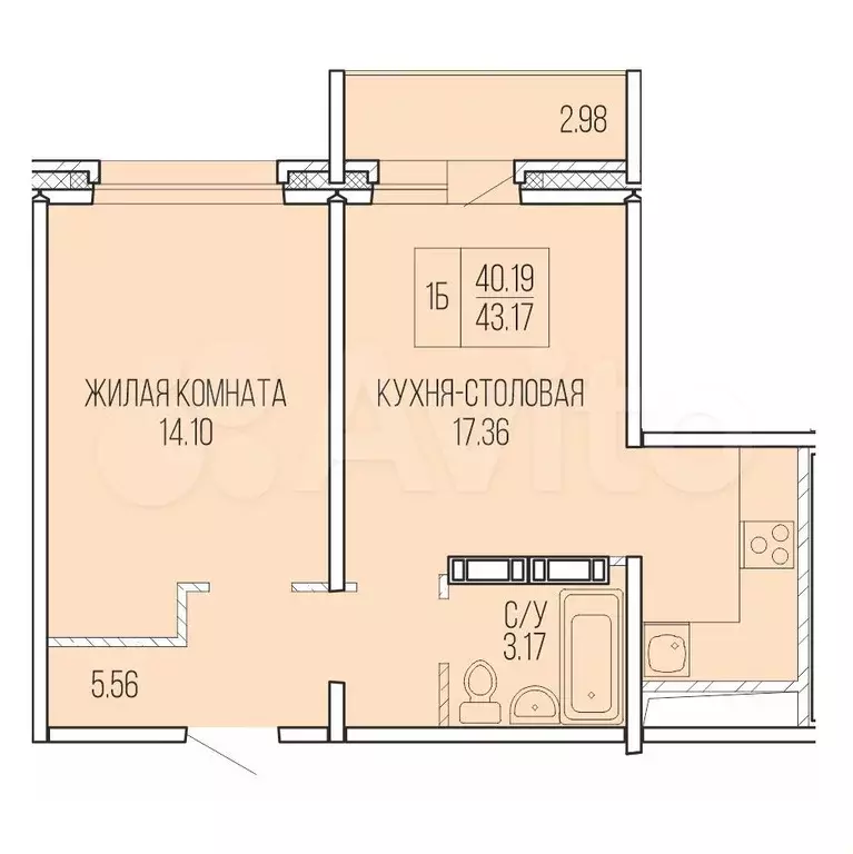 2-к. квартира, 41,7 м, 5/9 эт. - Фото 0