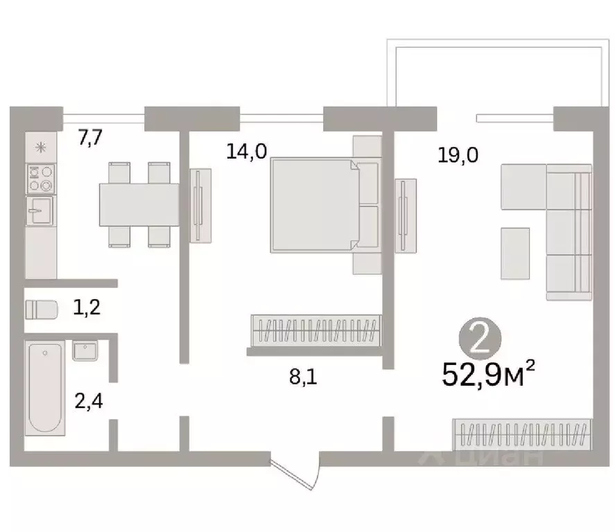 2-к кв. Омская область, Омск ул. Конева, 26/1 (52.9 м) - Фото 1