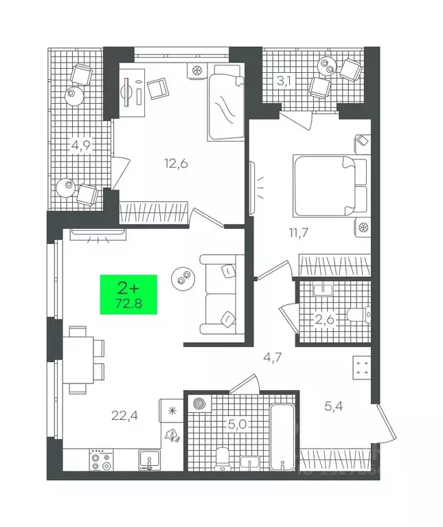 2-к кв. Тюменская область, Тюмень ул. Василия Малкова, 19 (72.86 м) - Фото 0