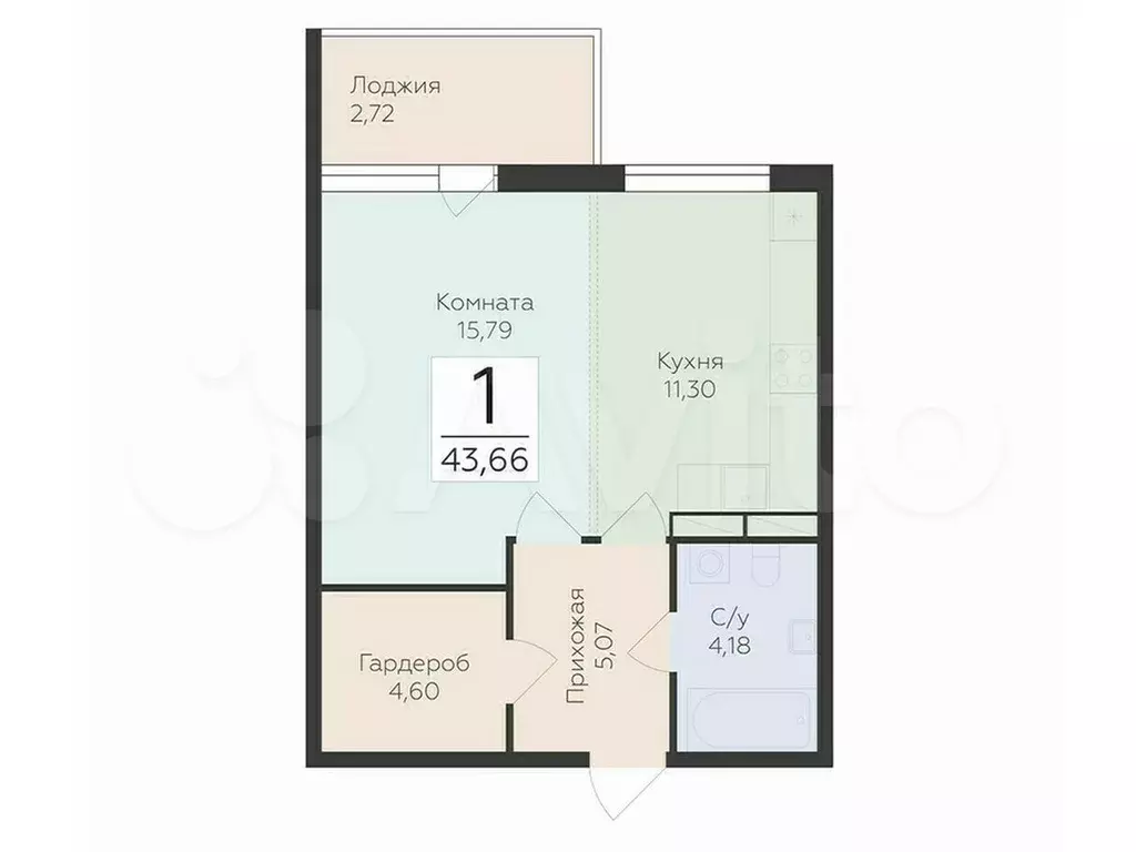 1-к. квартира, 43,7 м, 5/8 эт. - Фото 0