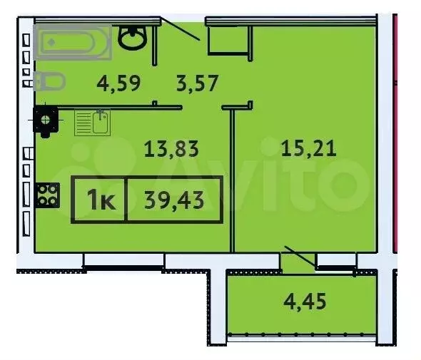 1-к. квартира, 39,4 м, 4/9 эт. - Фото 0