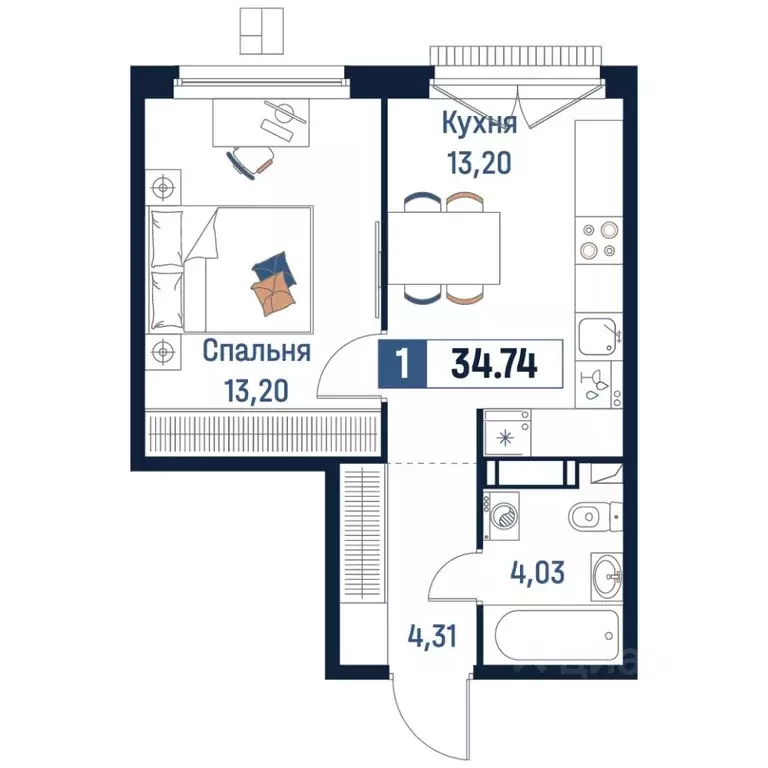 1-к кв. Ленинградская область, Мурино Всеволожский район,  (34.74 м) - Фото 0