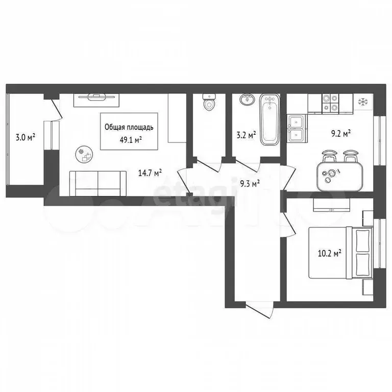 2-к. квартира, 49,1 м, 2/12 эт. - Фото 1