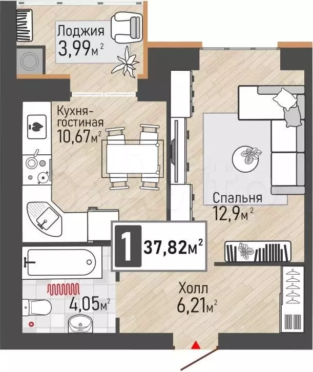 1-к. квартира, 37,8 м, 7/10 эт. - Фото 0