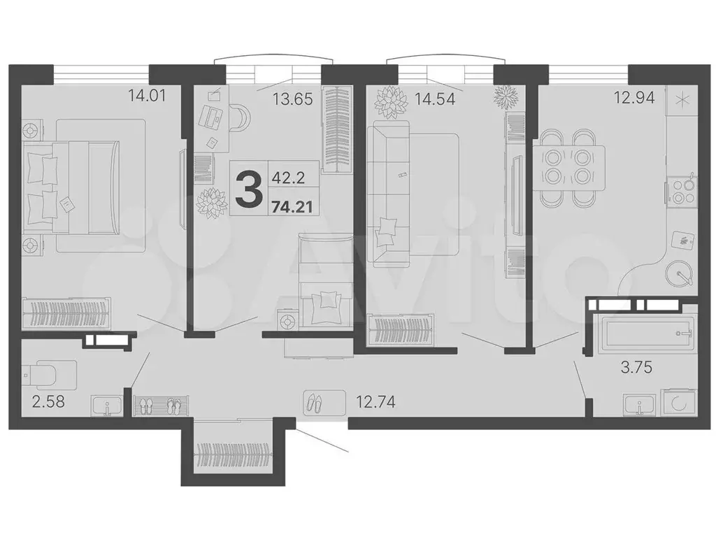 3-к. квартира, 73,4 м, 2/20 эт. - Фото 1