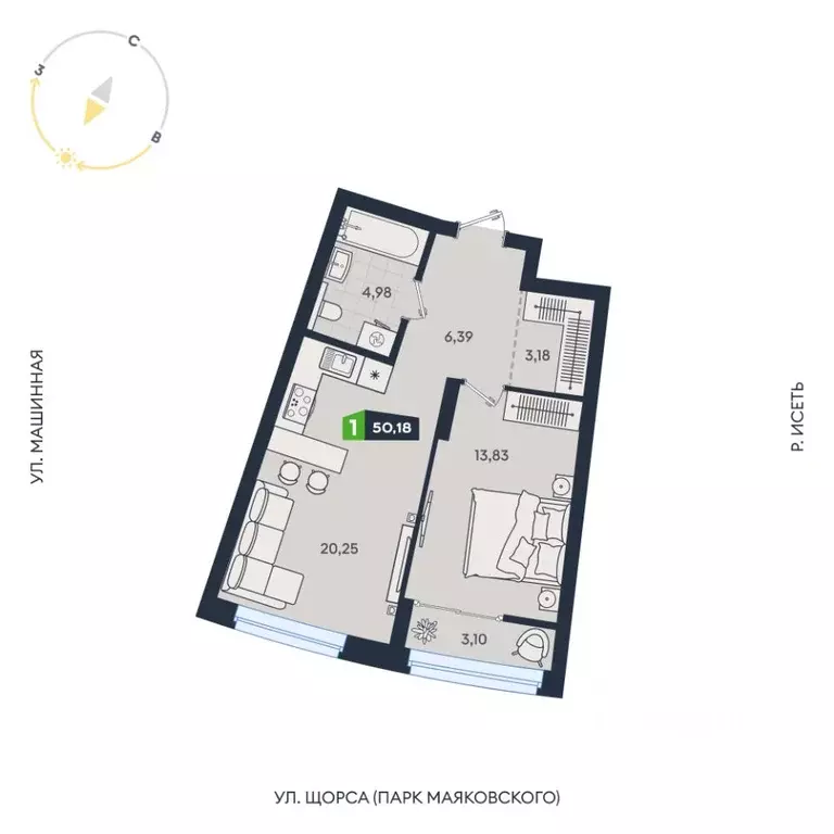 1-к кв. Свердловская область, Екатеринбург ул. Машинная, 1В/4 (50.18 ... - Фото 1