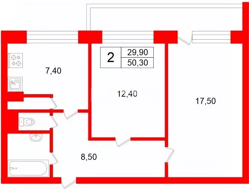 2-к кв. Санкт-Петербург Суздальский просп., 3К2 (50.3 м) - Фото 2