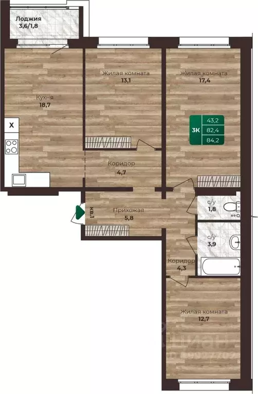 3-к кв. Алтайский край, Барнаул ул. 6-я Нагорная, 15Вк3 (84.2 м) - Фото 1