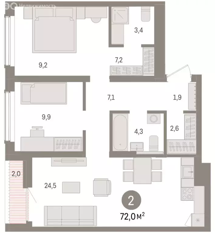 2-комнатная квартира: Новосибирск, улица Аэропорт (71.96 м) - Фото 1