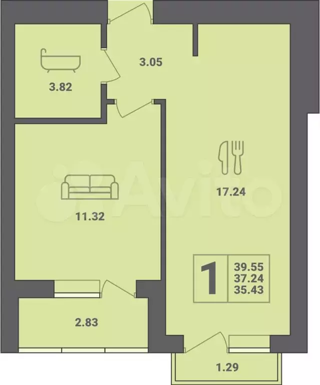 1-к. квартира, 39,6 м, 6/6 эт. - Фото 1