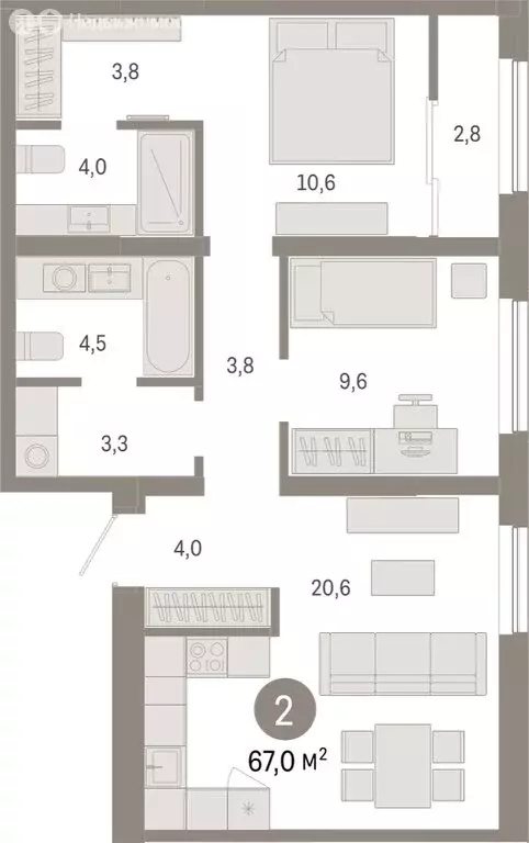 2-комнатная квартира: Новосибирск, Большевистская улица, с49 (66.97 м) - Фото 0